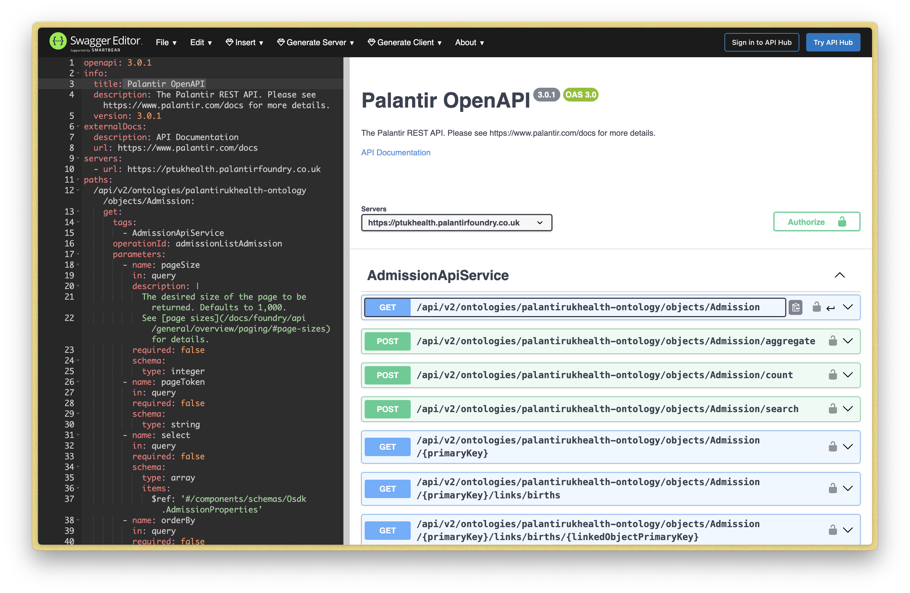 Screenshot of the Swagger Open API editor showing the NHS Canonical Data Model REST API. The API name is "Palantir OpenAPI". API routes are all prefixed with /api/v2/ontologies/palantirukhealth-ontology